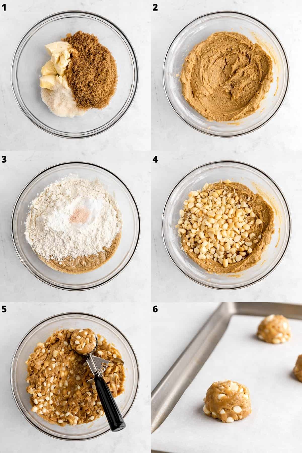 a photo collage making vegan white chocolate macadamia nut cookie dough