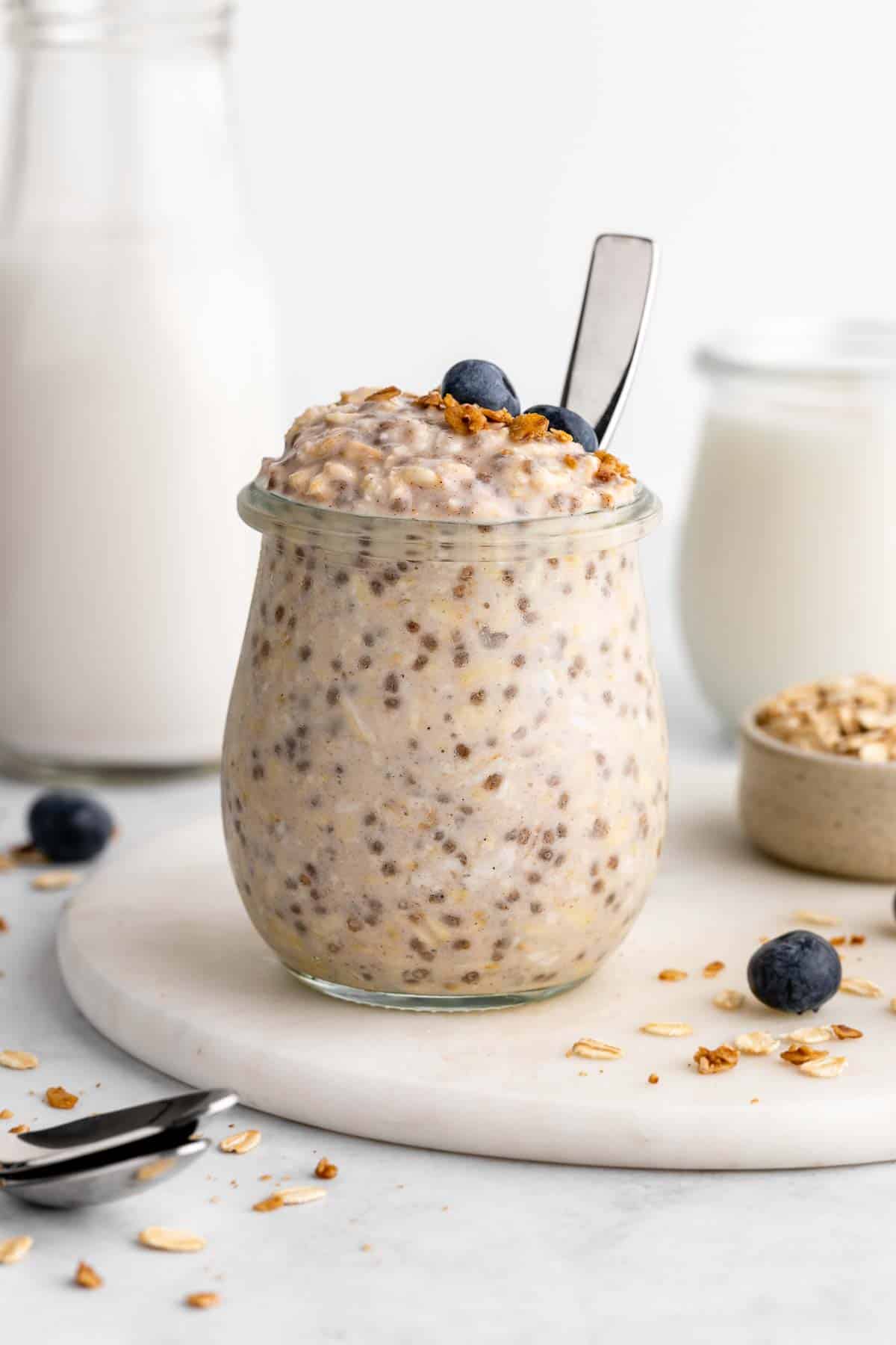 vegan basic overnight oats in a jar with chia seeds, almond milk, and rolled oats
