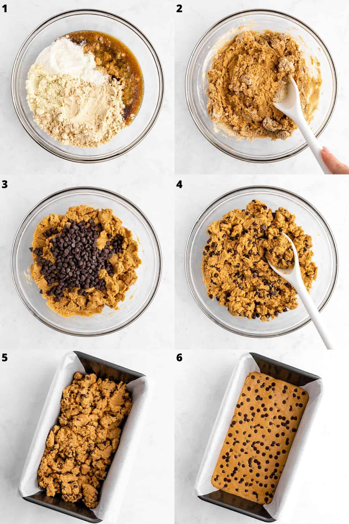 a six part photo collage showing how to make cookie dough protein bars at home
