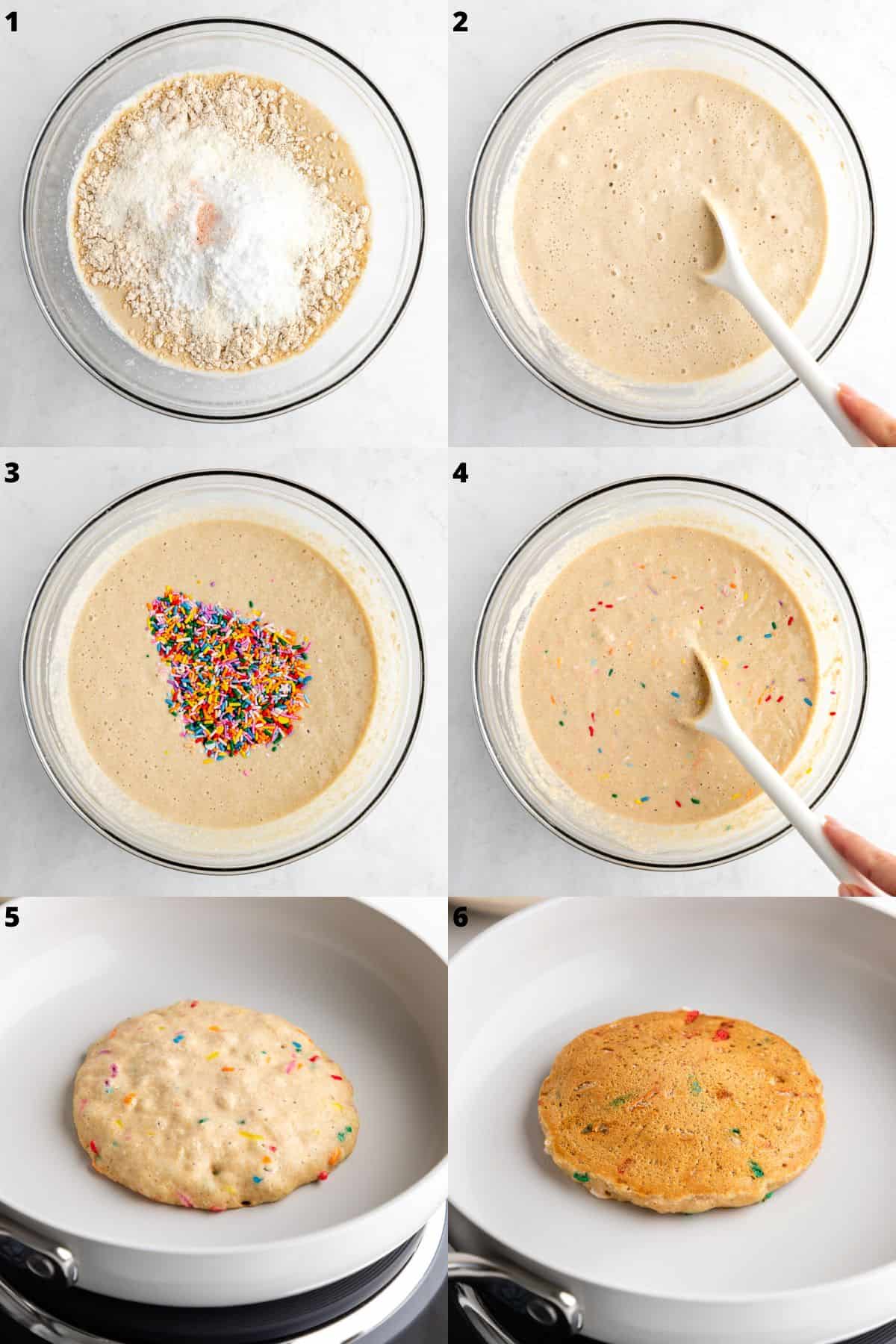 a six part photo collage showing how to make healthy funfetti pancakes
