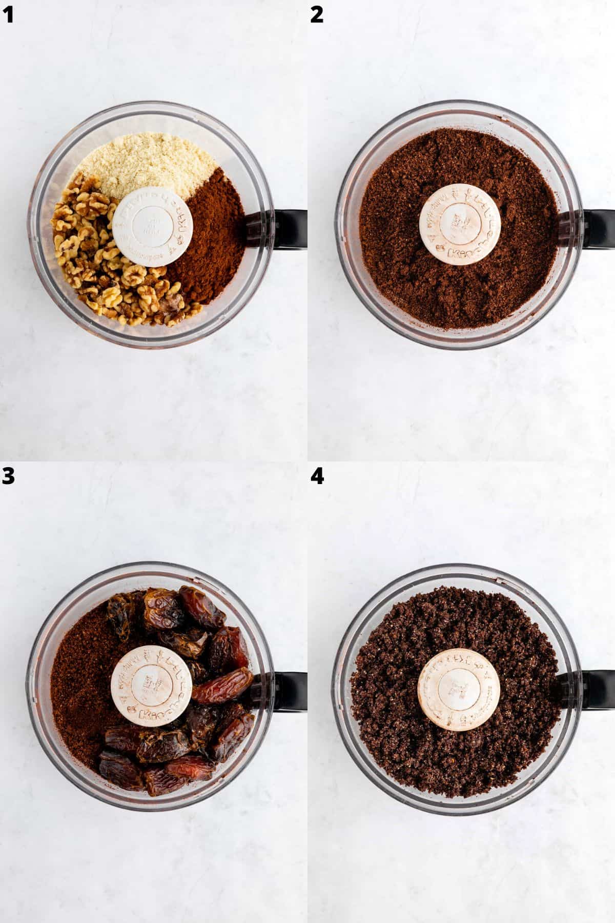 a four part photo collage blending dates, nuts, and cocoa inside a food processor