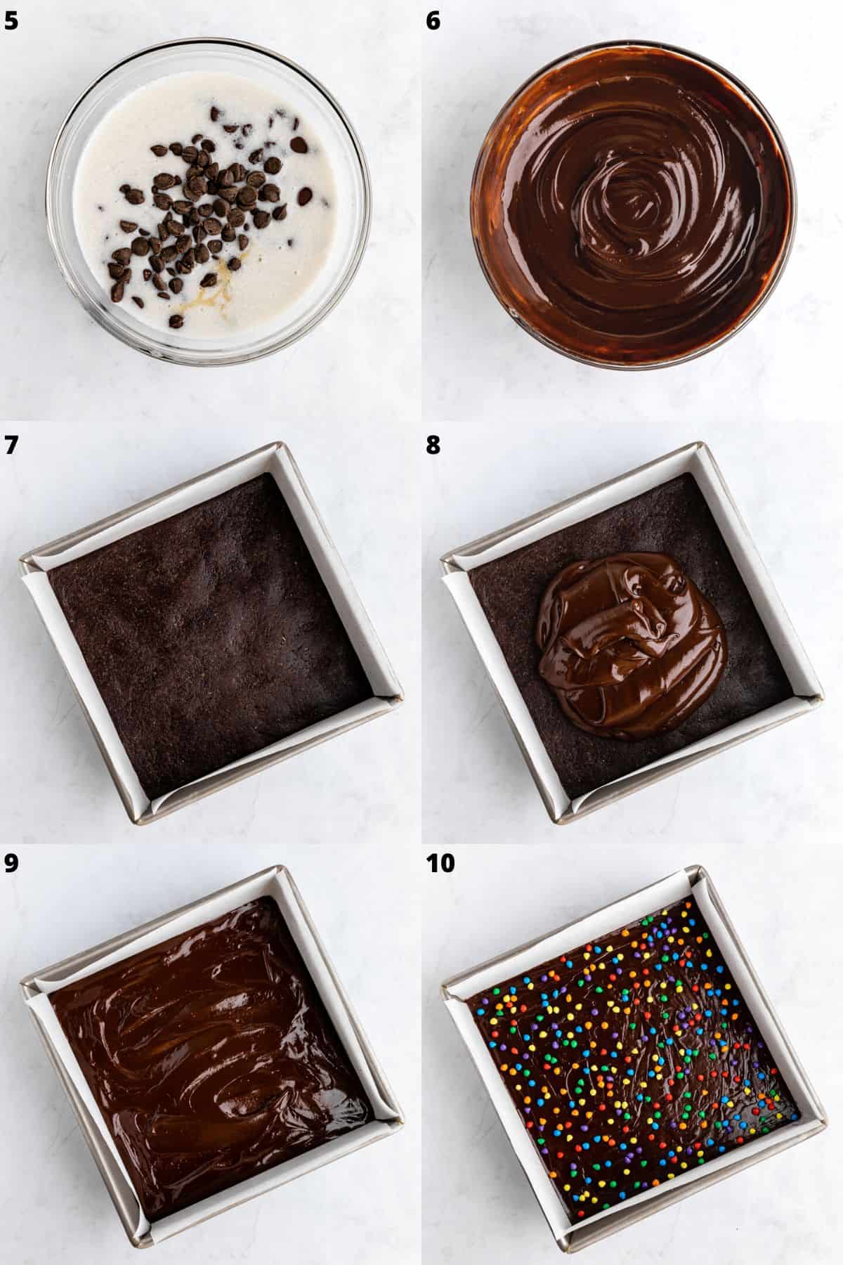 a six part photo collage showing how to make vegan chocolate ganache and no-bake cosmic brownies in a square pan