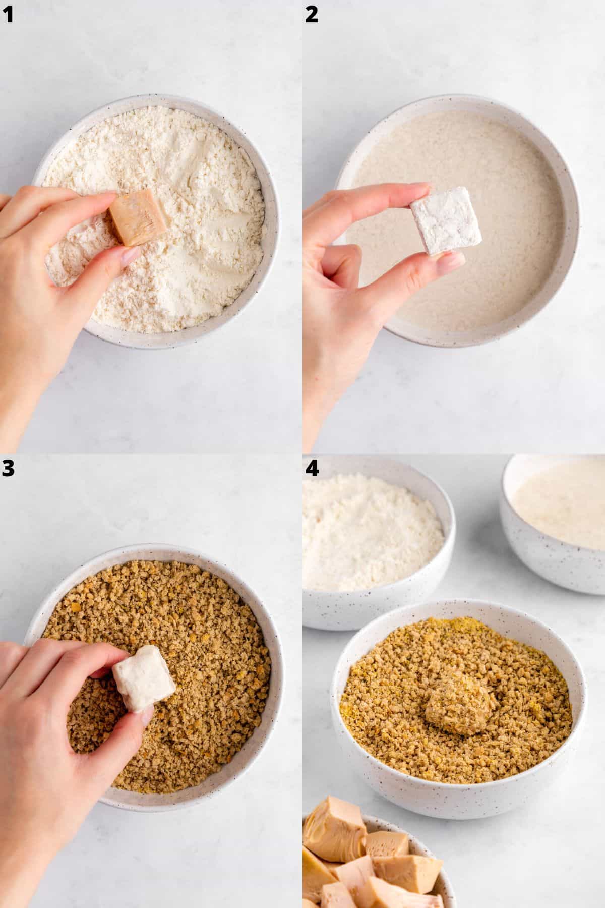 a four part photo collage showing how to make breaded jackfruit nuggets