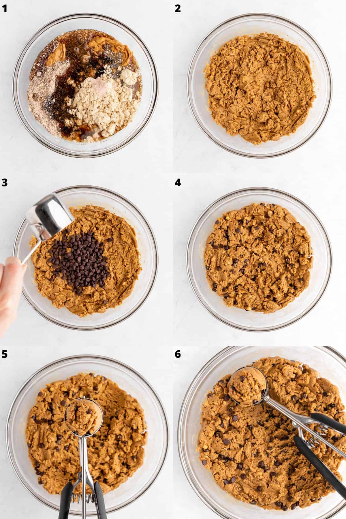 a six part photo collage showing how to make peanut butter protein balls