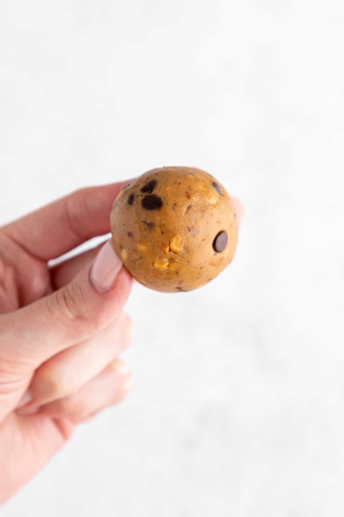 a hand holding a vegan chocolate chip peanut butter protein ball