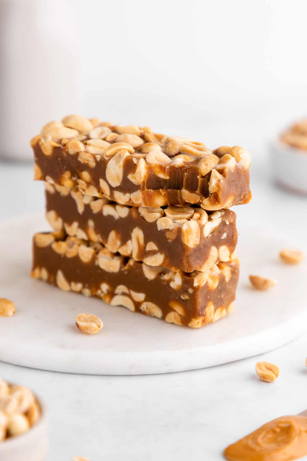 a stack of vegan homemade payday candy bars