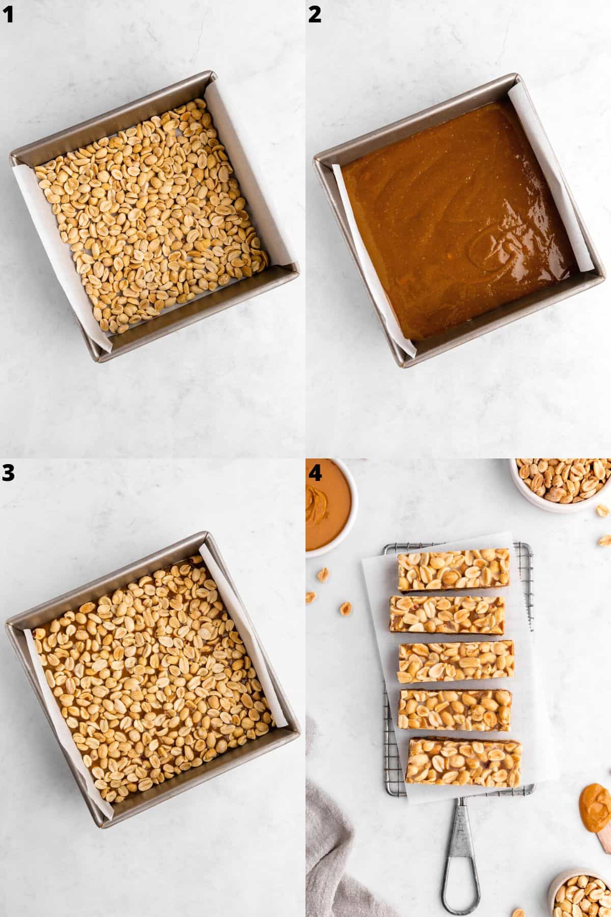 a four part photo collage showing how to make homemade payday bars