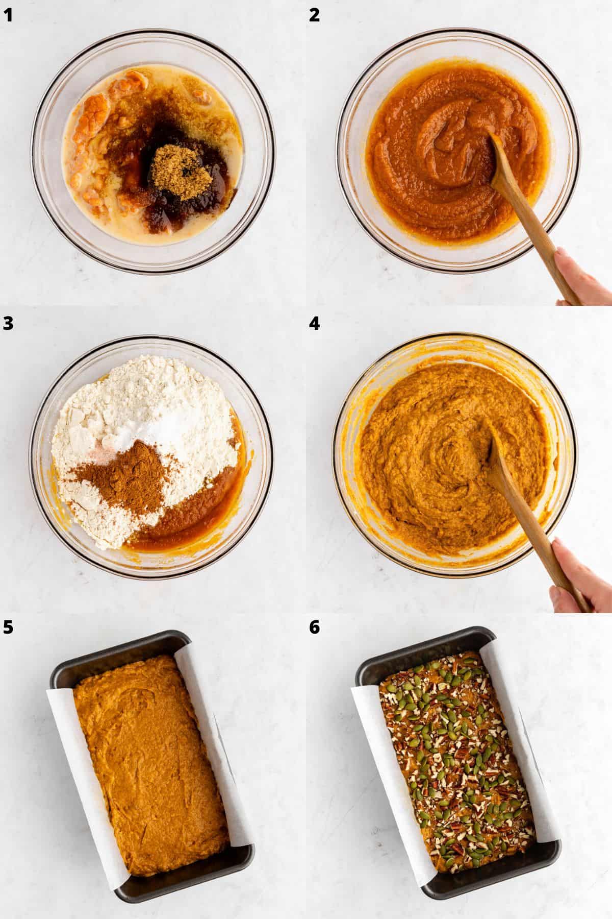 a six part photo collage showing how to make vegan pumpkin bread