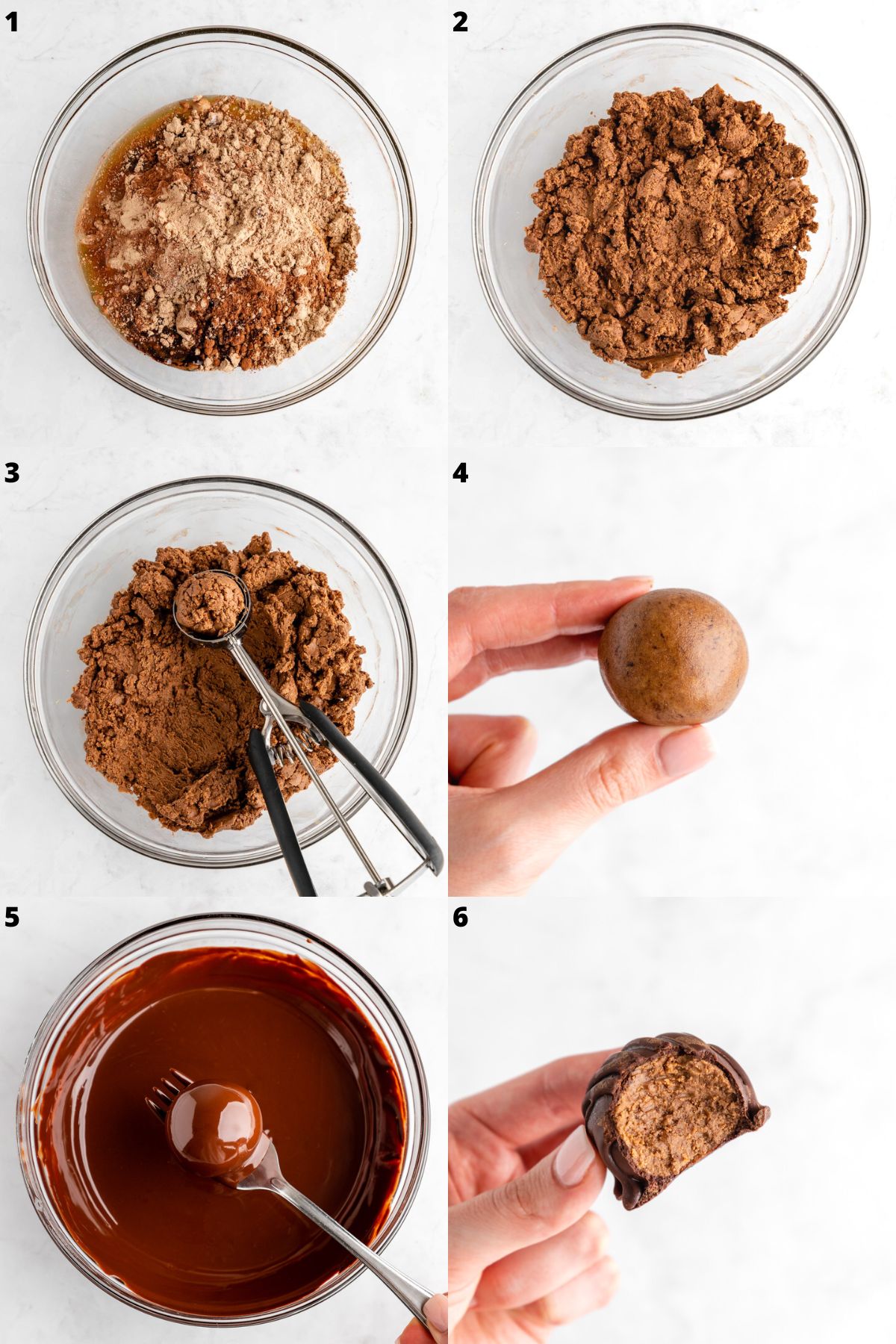 a six part photo collage showing how to make chocolate protein truffles