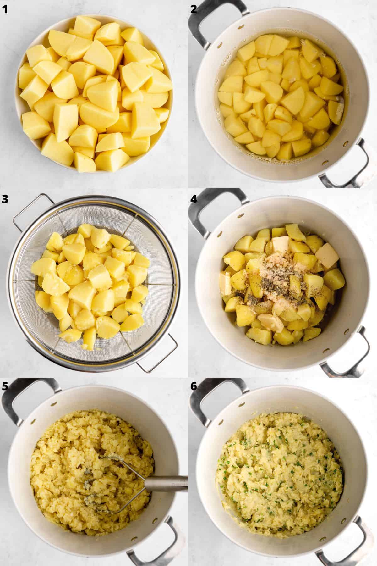 a six part photo collage showing how to make the best vegan mashed potatoes with garlic and chives