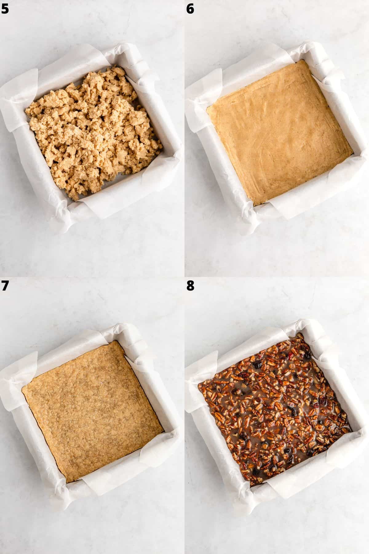 four part photo collage showing how to make vegan pecan pie bars with a shortbread crust
