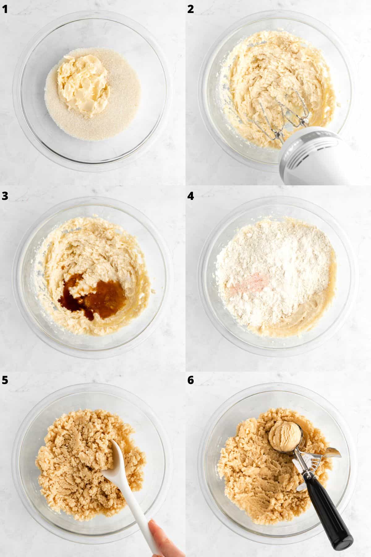 six part photo collage showing how to make edible sugar cookie dough