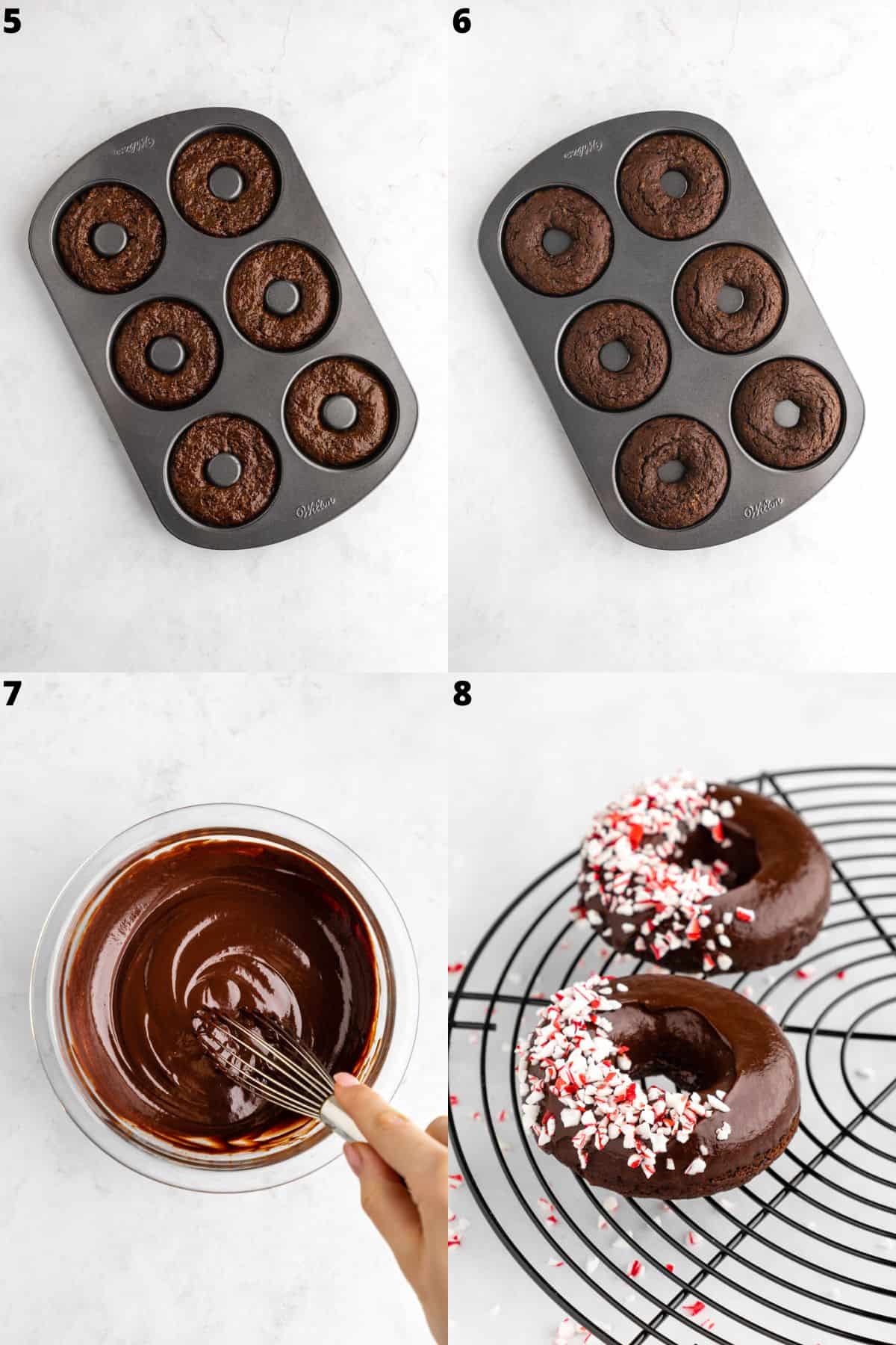 four part photo collage showing how to make peppermint mocha donuts with candy canes