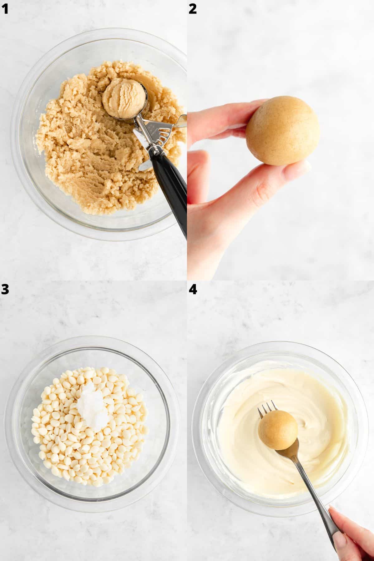 four part photo collage showing how to make sugar cookie dough truffles with white chocolate chips
