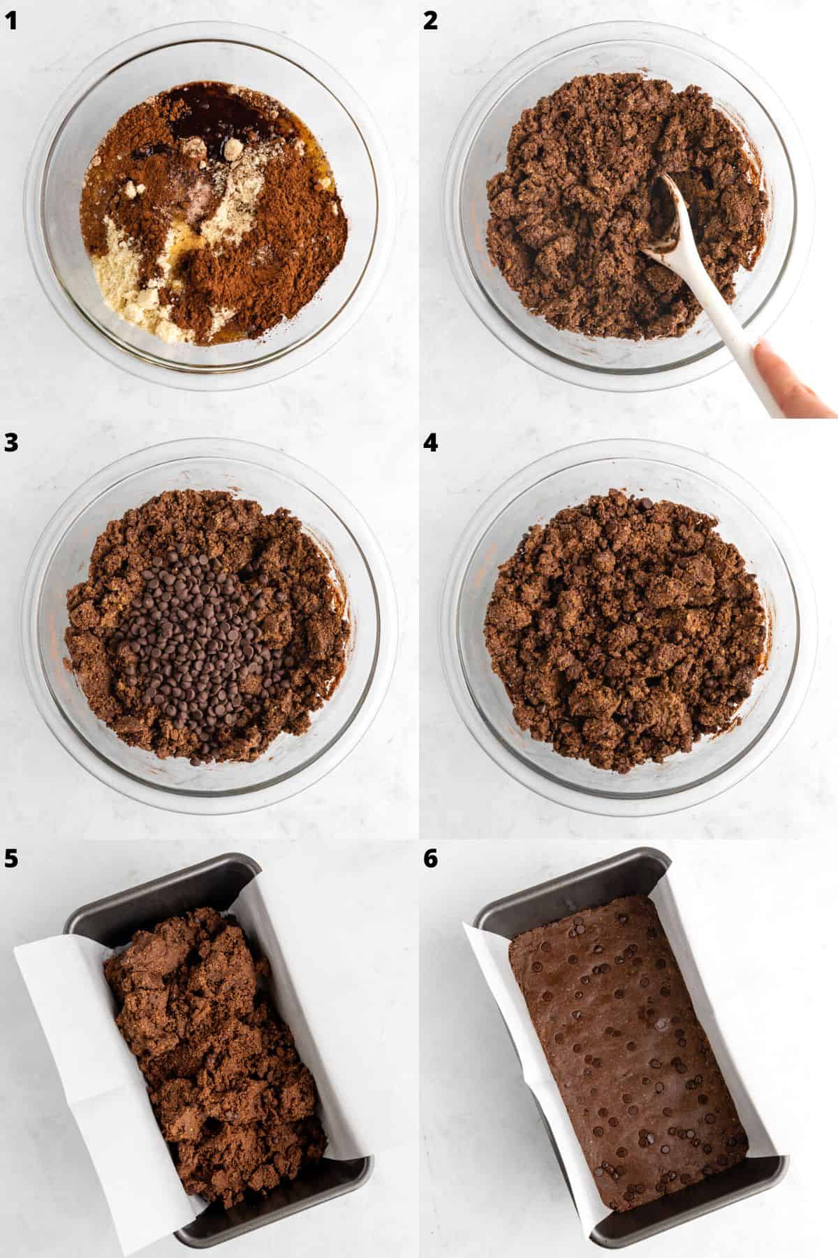 a six part photo collage showing how to make chocolate brownie protein bars