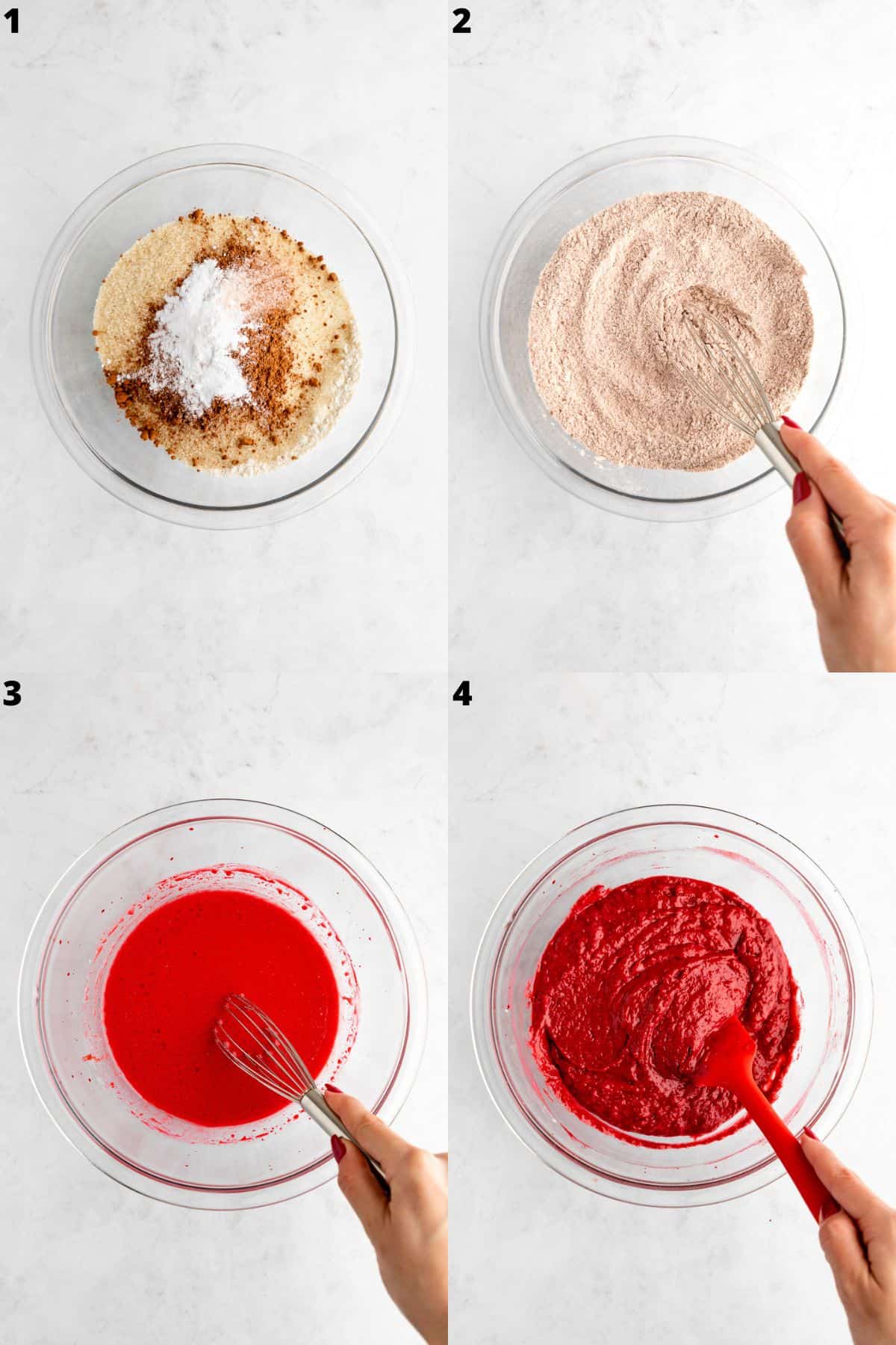 a four part photo collage showing how to make vegan red velvet cupcakes batter