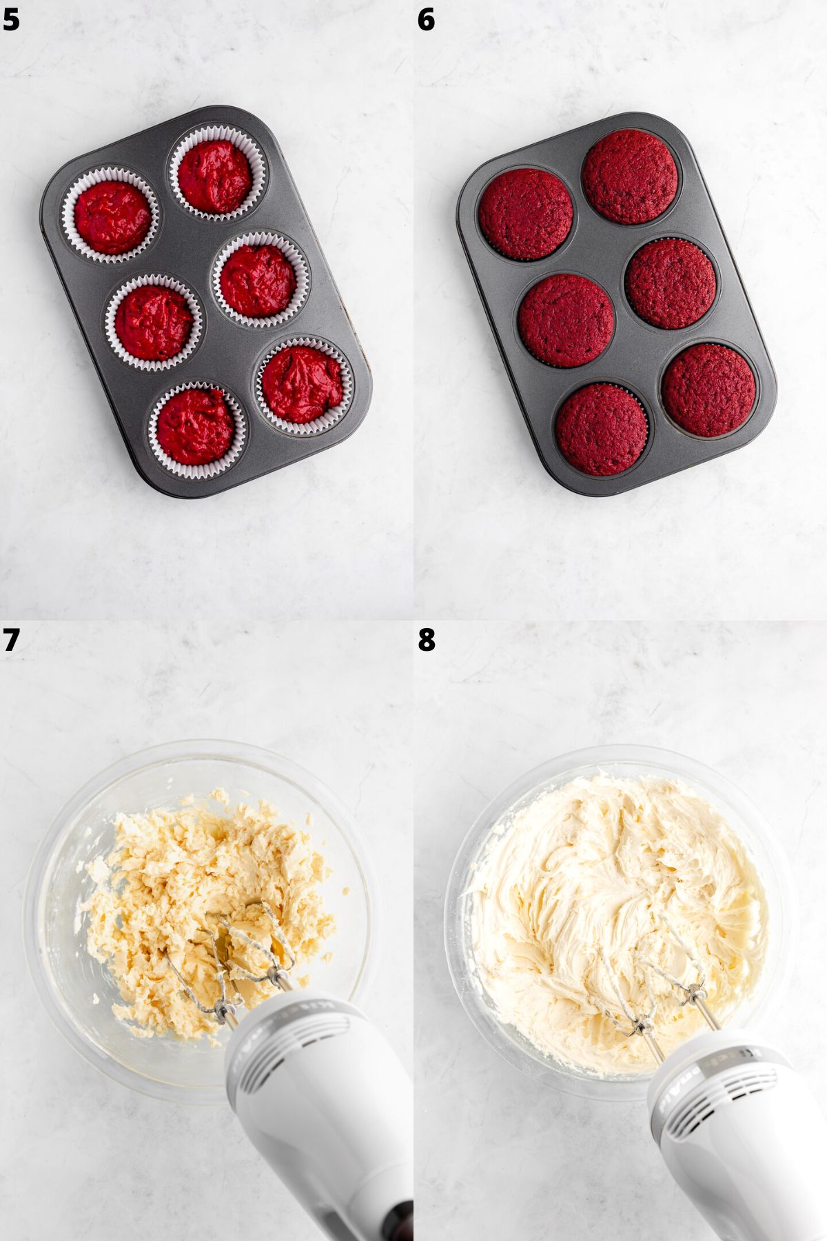 a four part photo collage showing how to make vegan red velvet cupcakes and coconut milk frosting