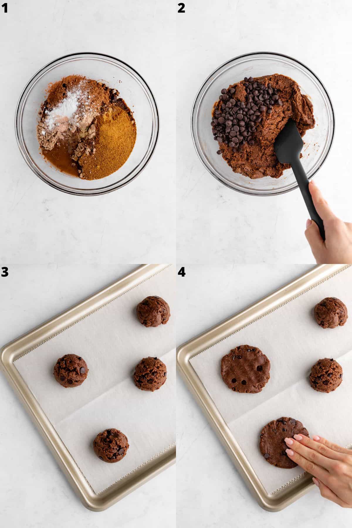 a four part photo collage showing how to make vegan chocolate protein cookies