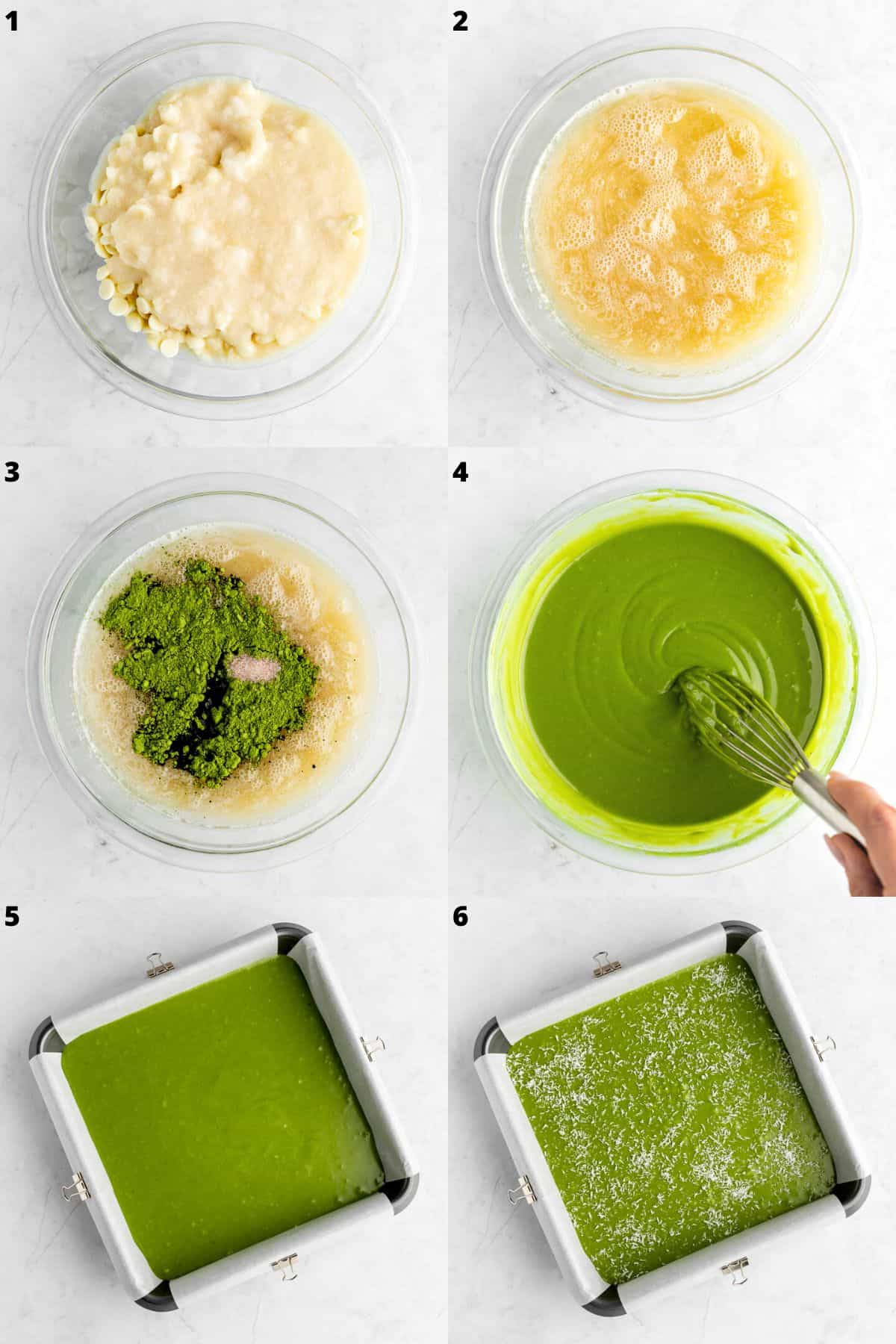 a six part photo collage showing how to make matcha fudge