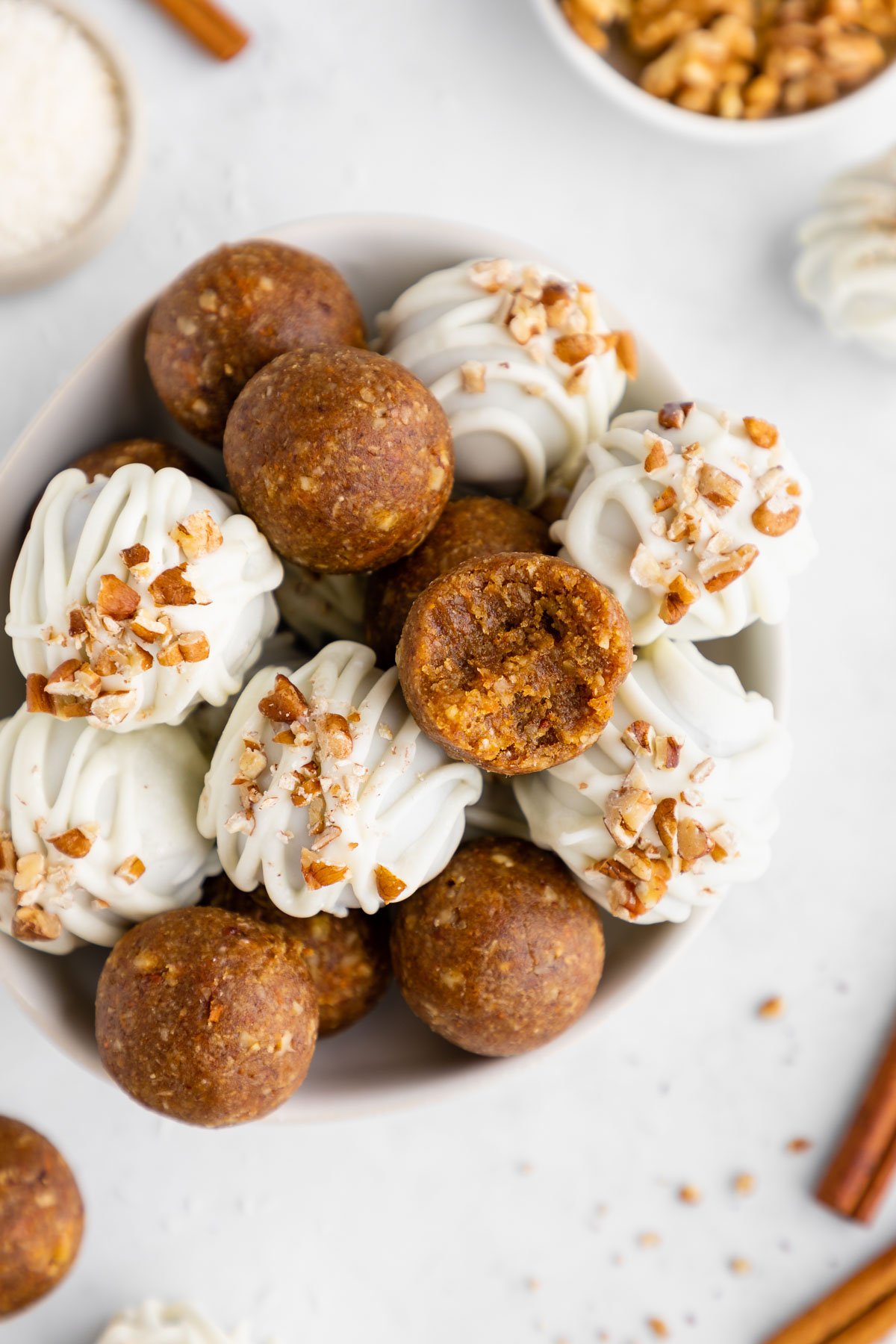 vegan white chocolate carrot cake truffles in a bowl