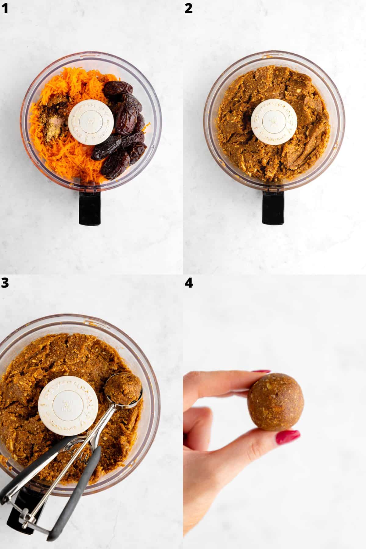 a four part photo collage showing how to make carrot cake truffles