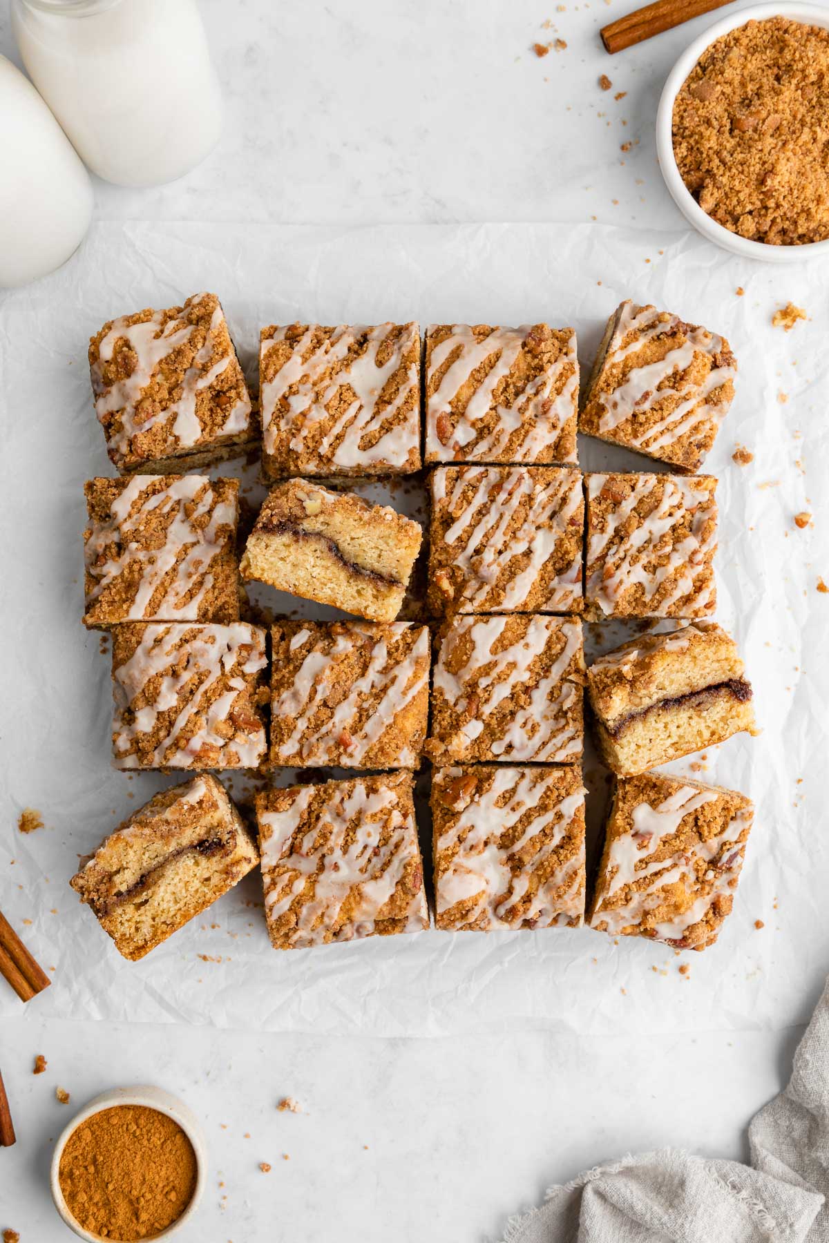 a pile of vegan cinnamon roll coffee cake slices