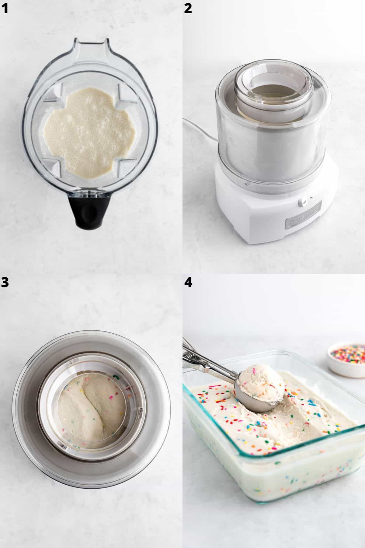 a four photo collage showing how to make vegan cake batter ice cream in an ice cream machine
