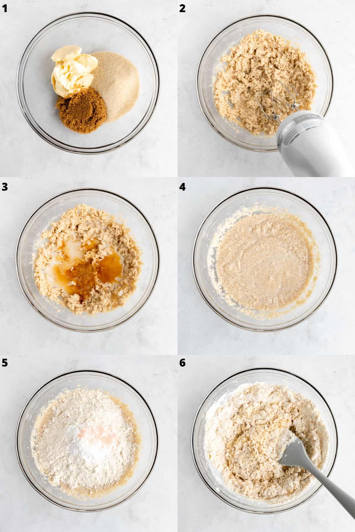 six part photo collage showing how to make vegan funfetti cookies