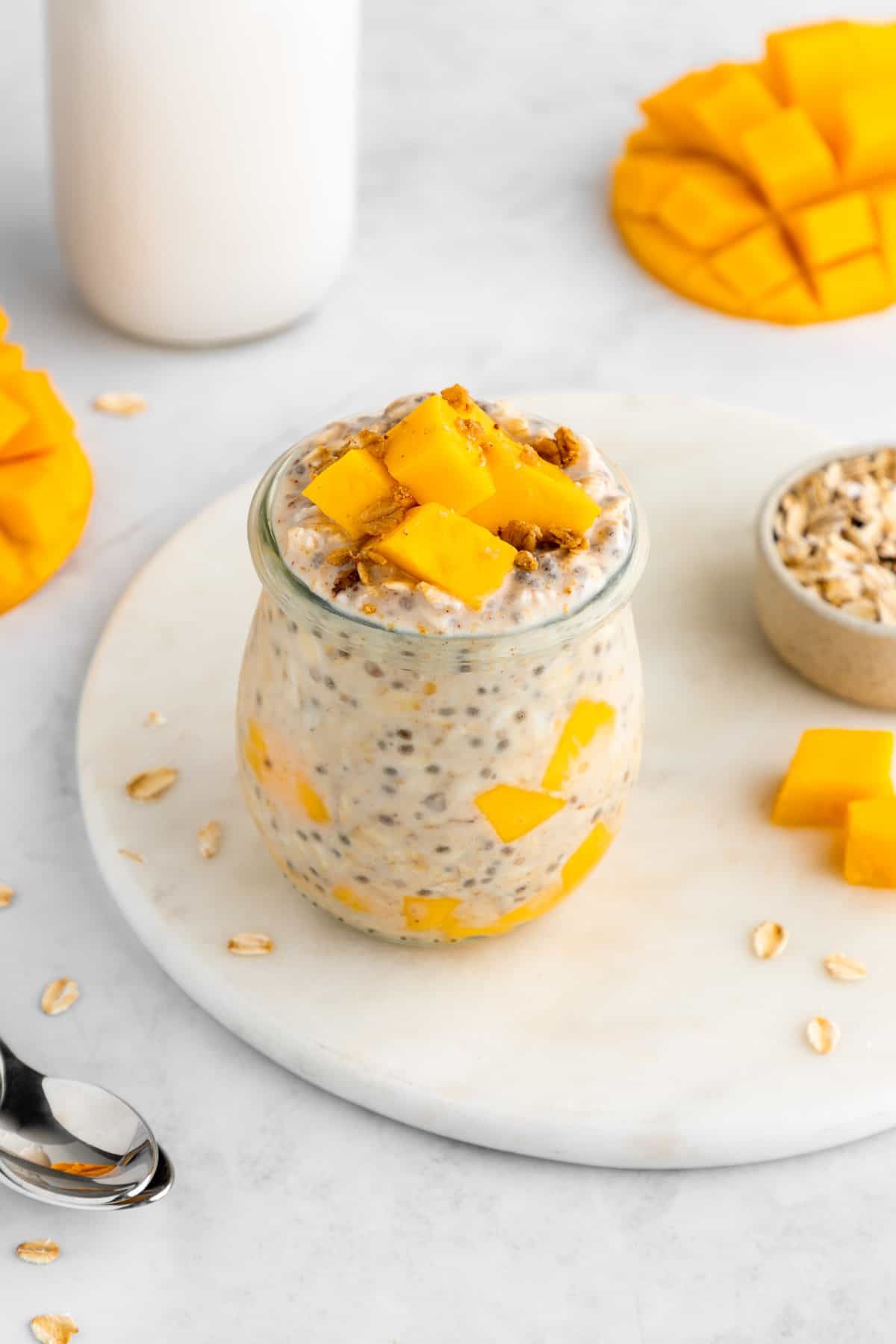 mango overnight oats inside a glass weck jar