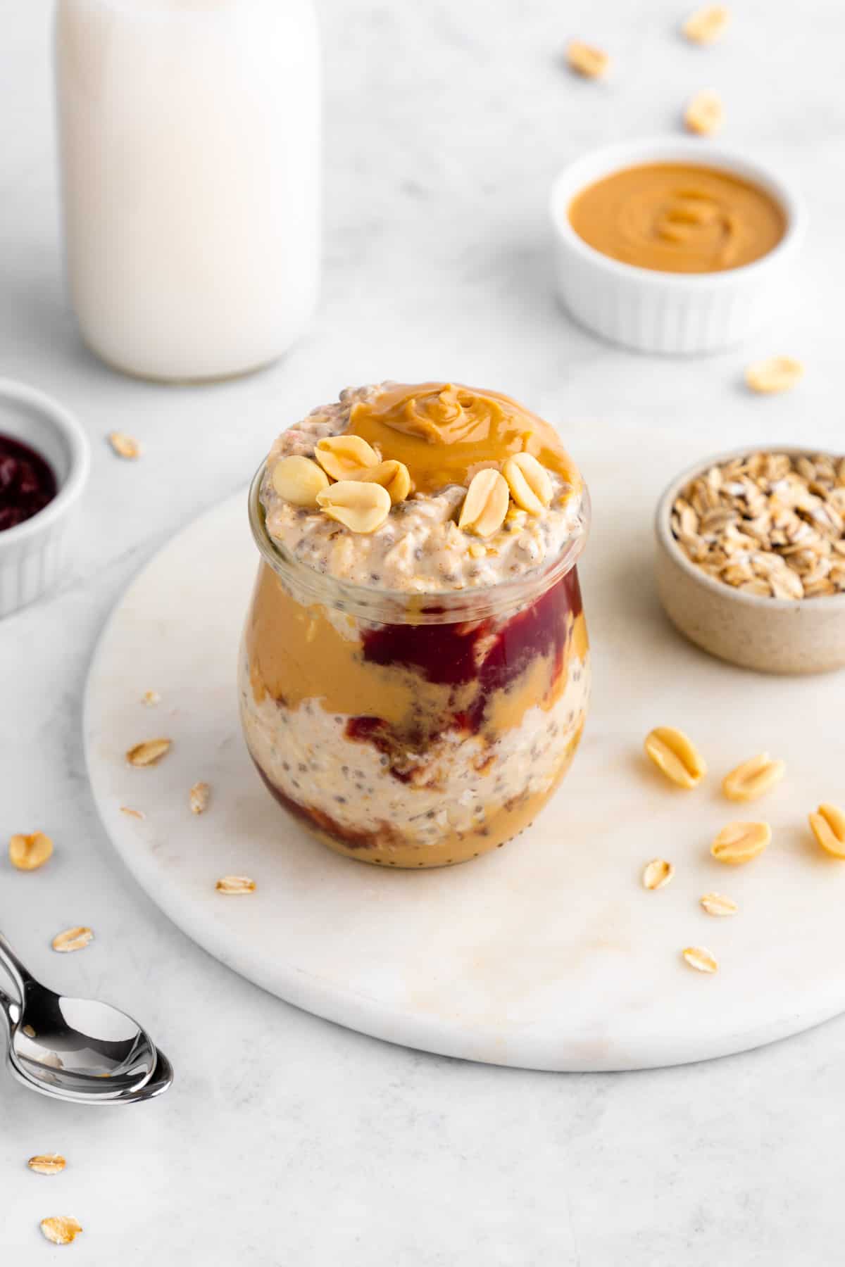 pb and j overnight oats inside a glass weck jar