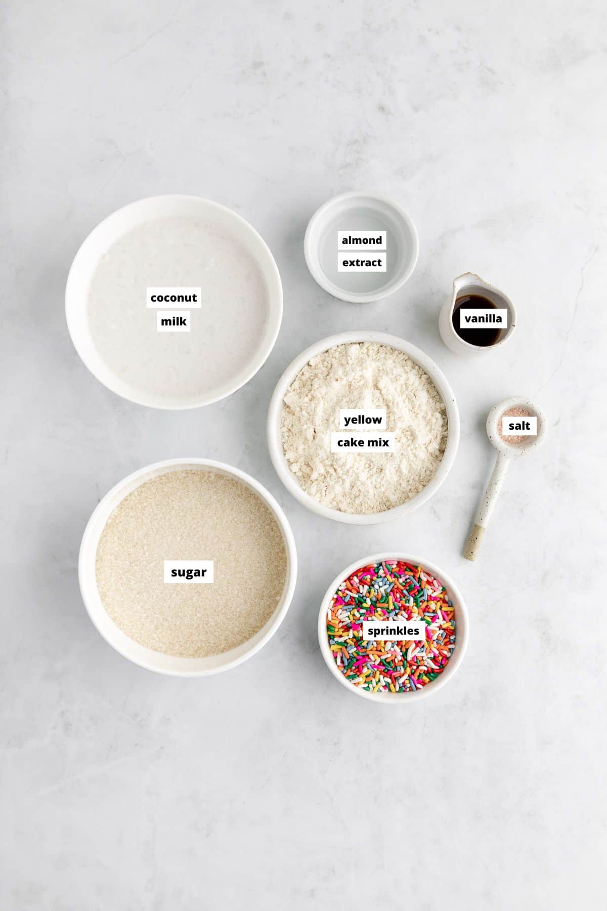 bowls of ingredients for vegan cake batter ice cream