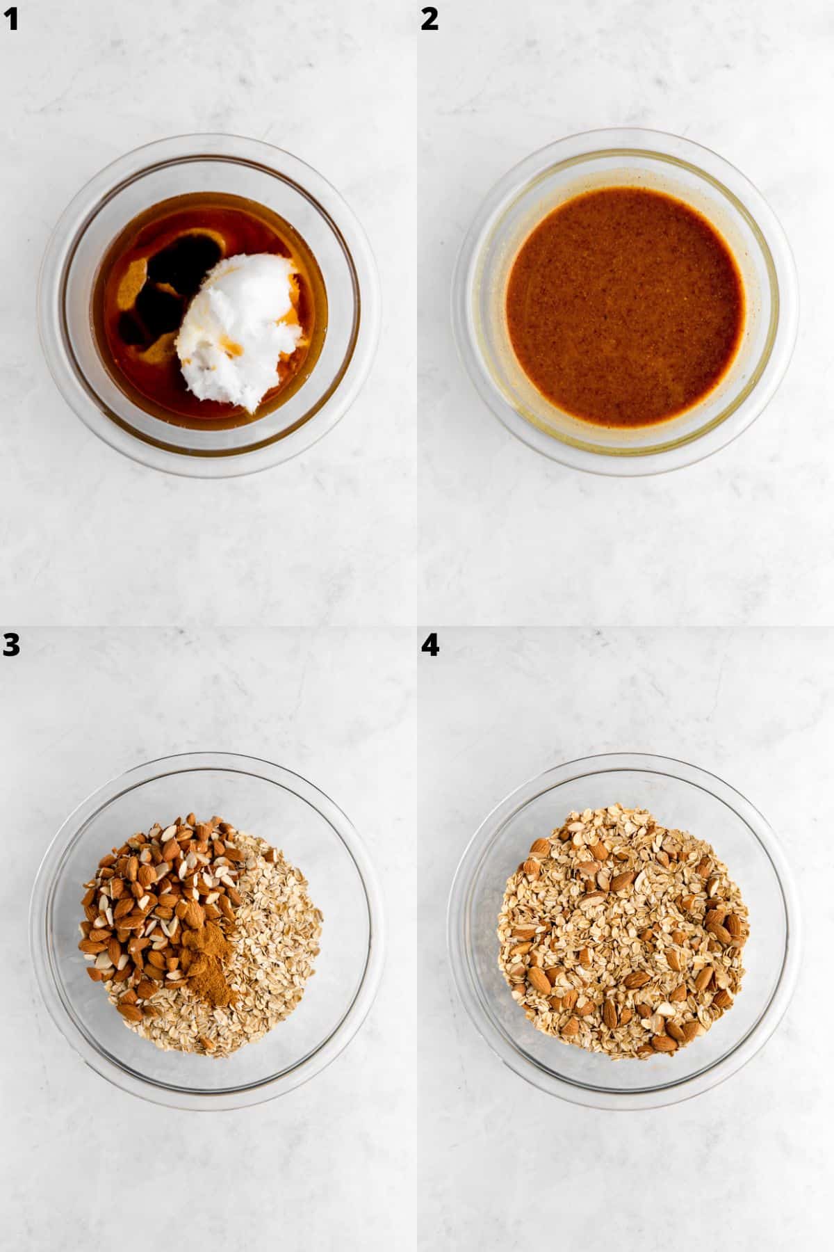 a four photo collage showing how to make almond butter granola