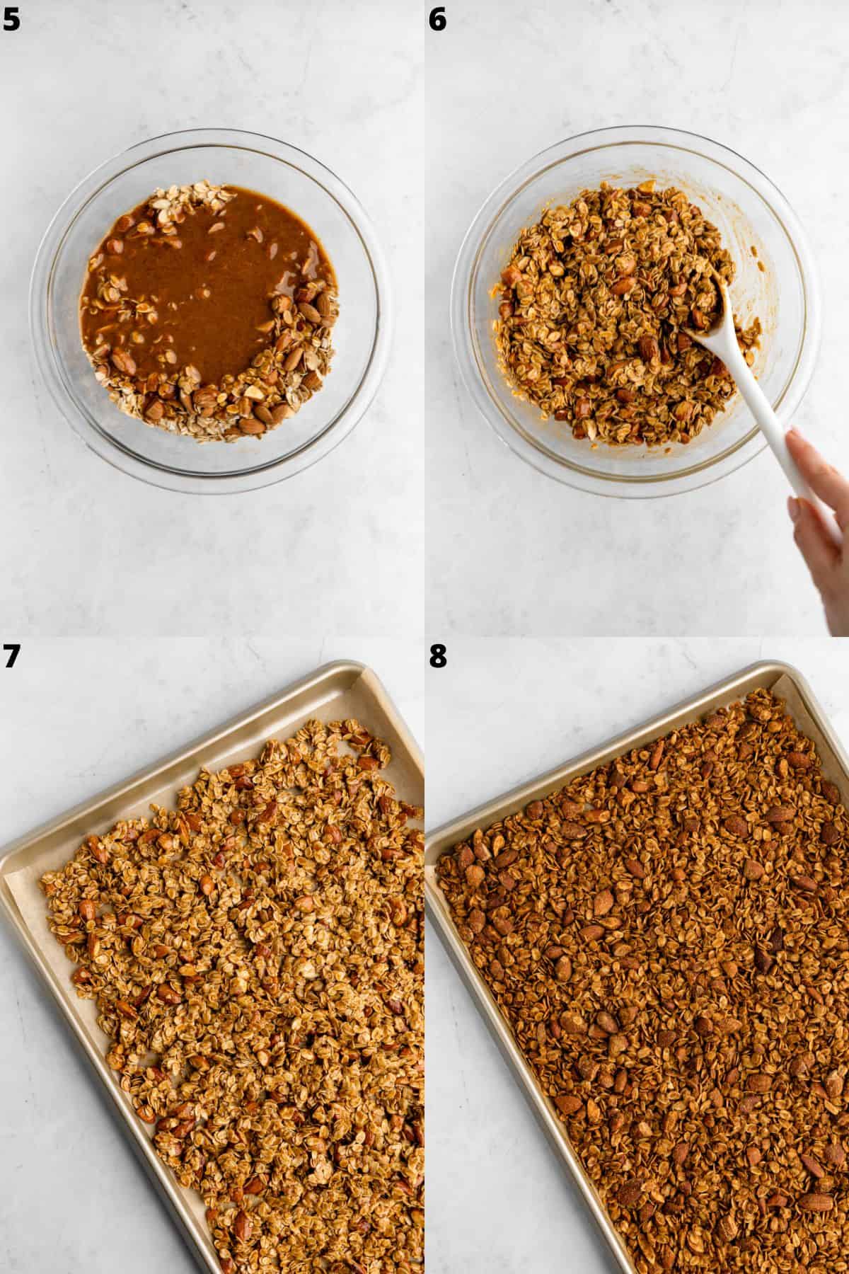 a four photo collage showing how to make almond butter granola recipe