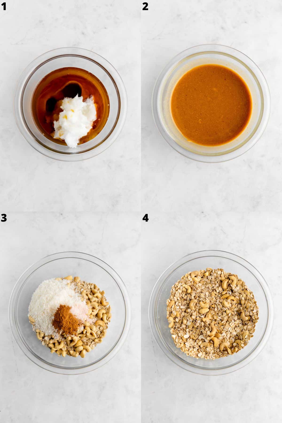 a four photo collage showing how to make cashew butter granola