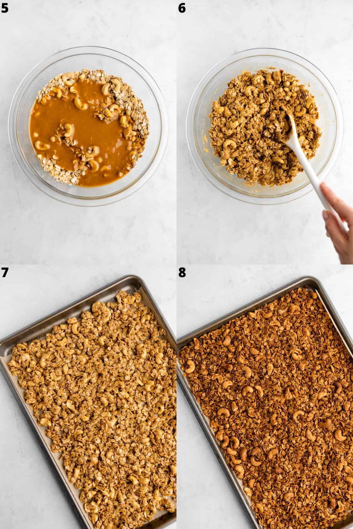 a four photo collage showing how to make cashew butter granola recipe