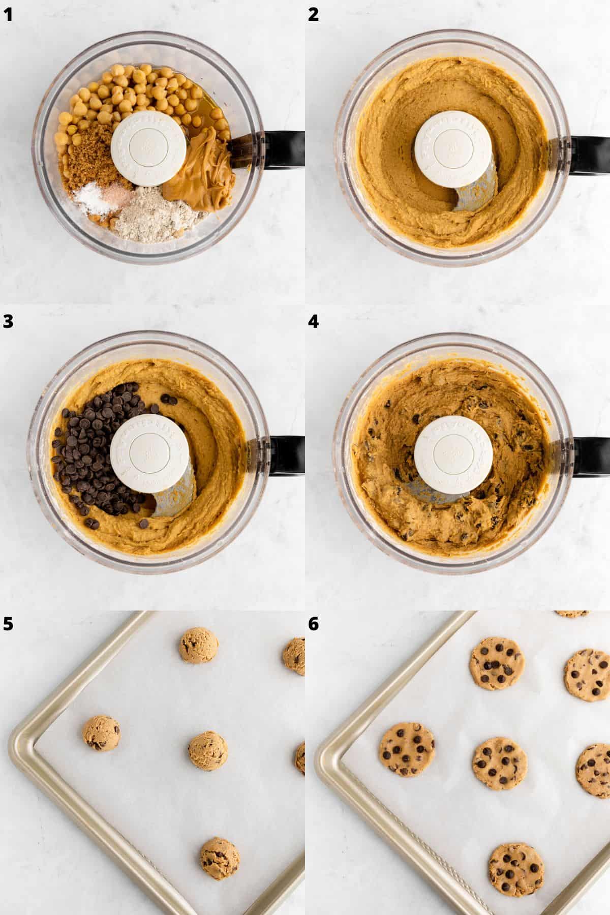 six part photo collage showing how to make chickpea chocolate chip cookies