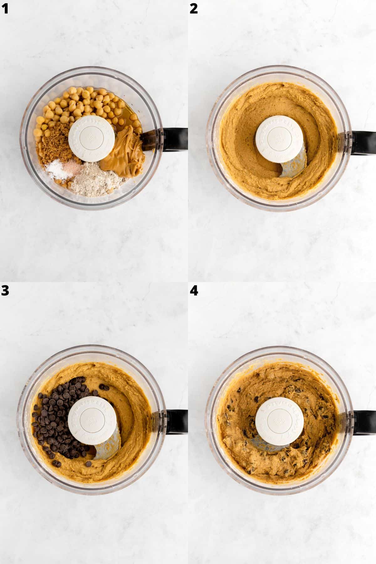 four part photo collage showing how to make chickpea cookie dough with a food processor