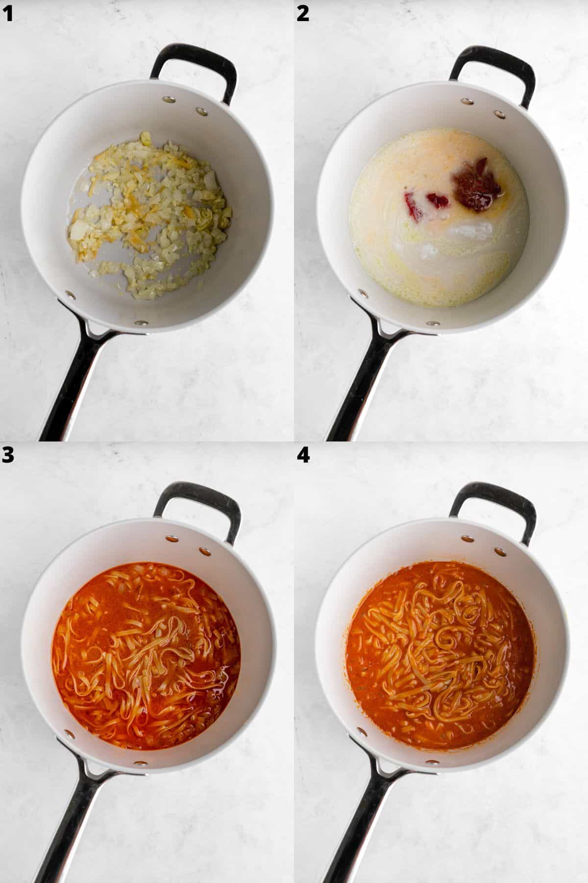 a four photo collage showing how to make red curry noodles