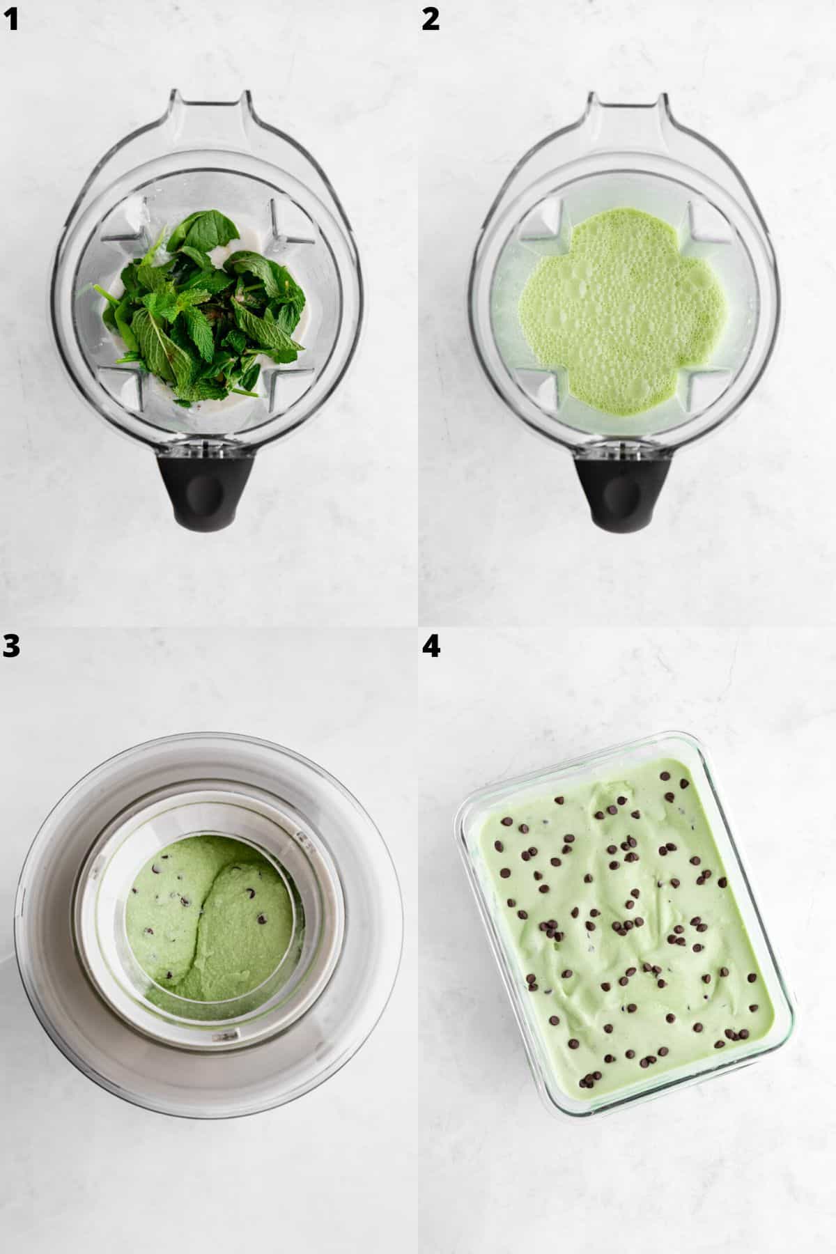 a four part photo collage showing how to make vegan mint chocolate chip ice cream