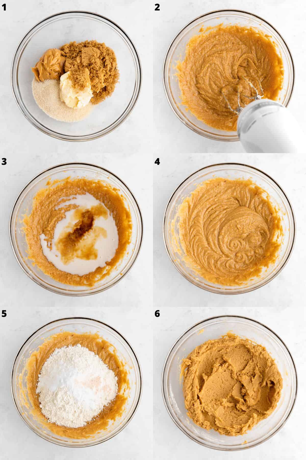 a six part photo collage showing how to make vegan peanut butter chocolate chip cookie dough in a bowl