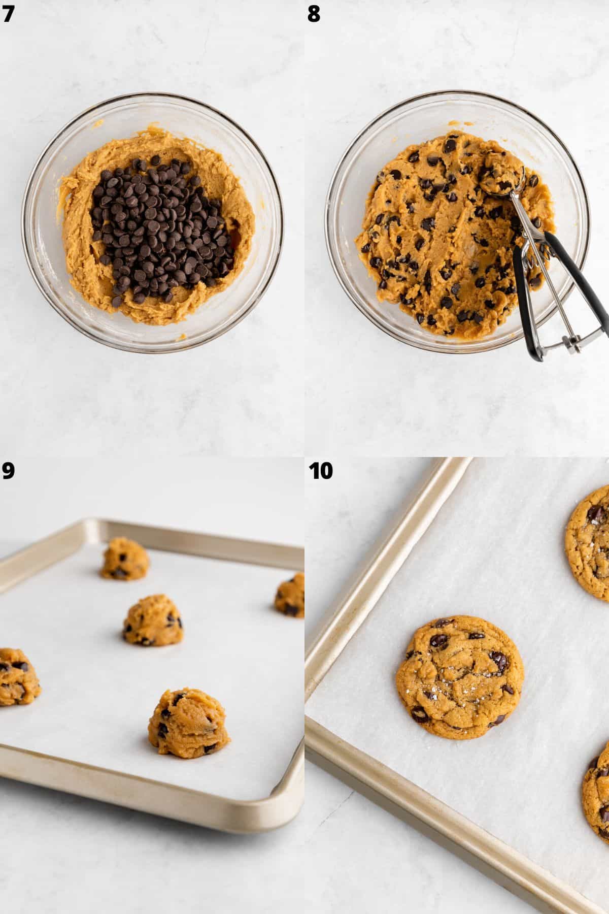 a four part photo collage showing how to make vegan peanut butter chocolate chip cookies
