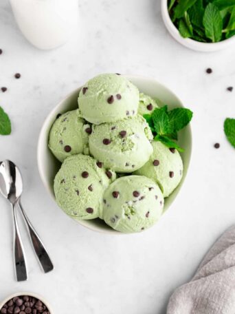 scoops of vegan mint chocolate chip ice cream in a bowl