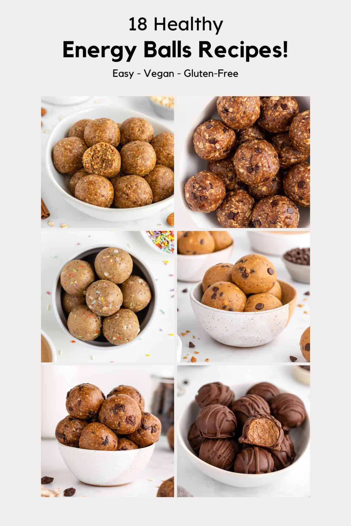 a photo collage of 18 healthy energy balls recipes
