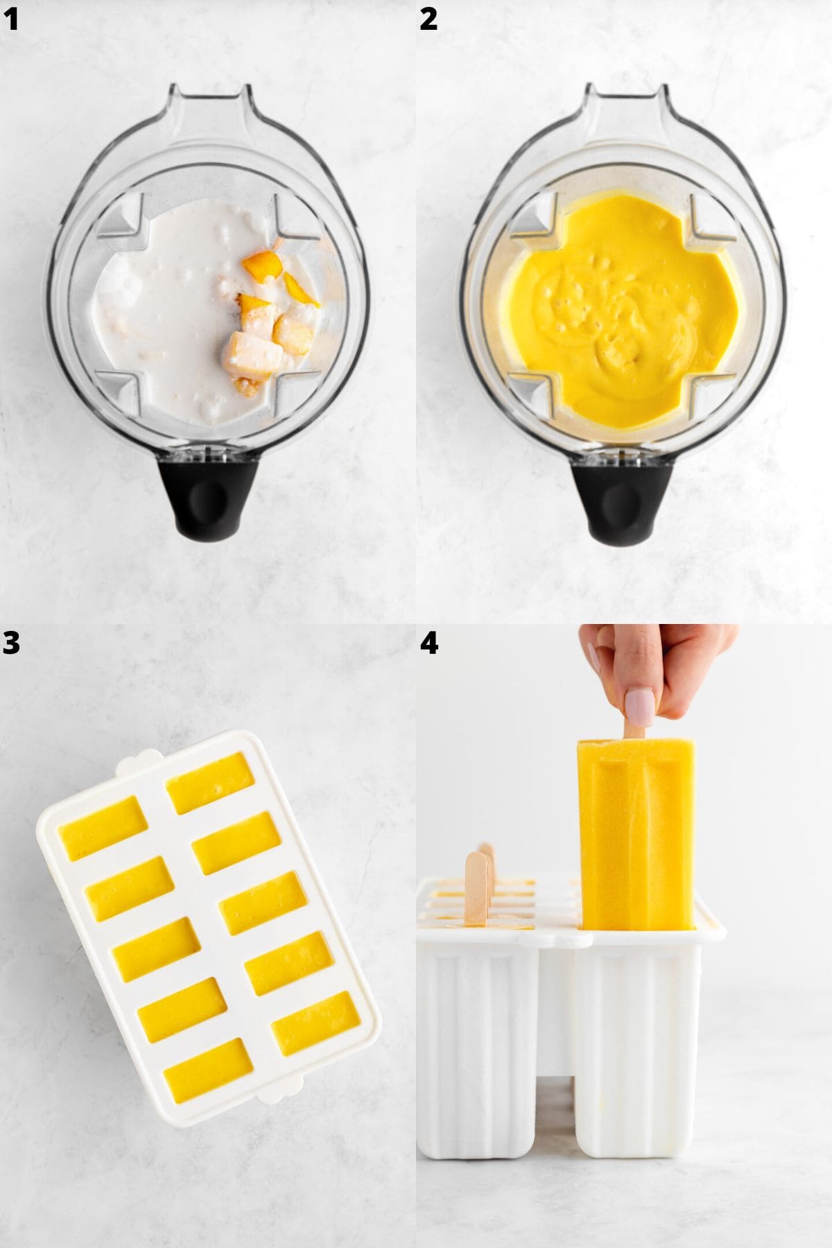 a photo collage showing how to make mango lassi popsicles