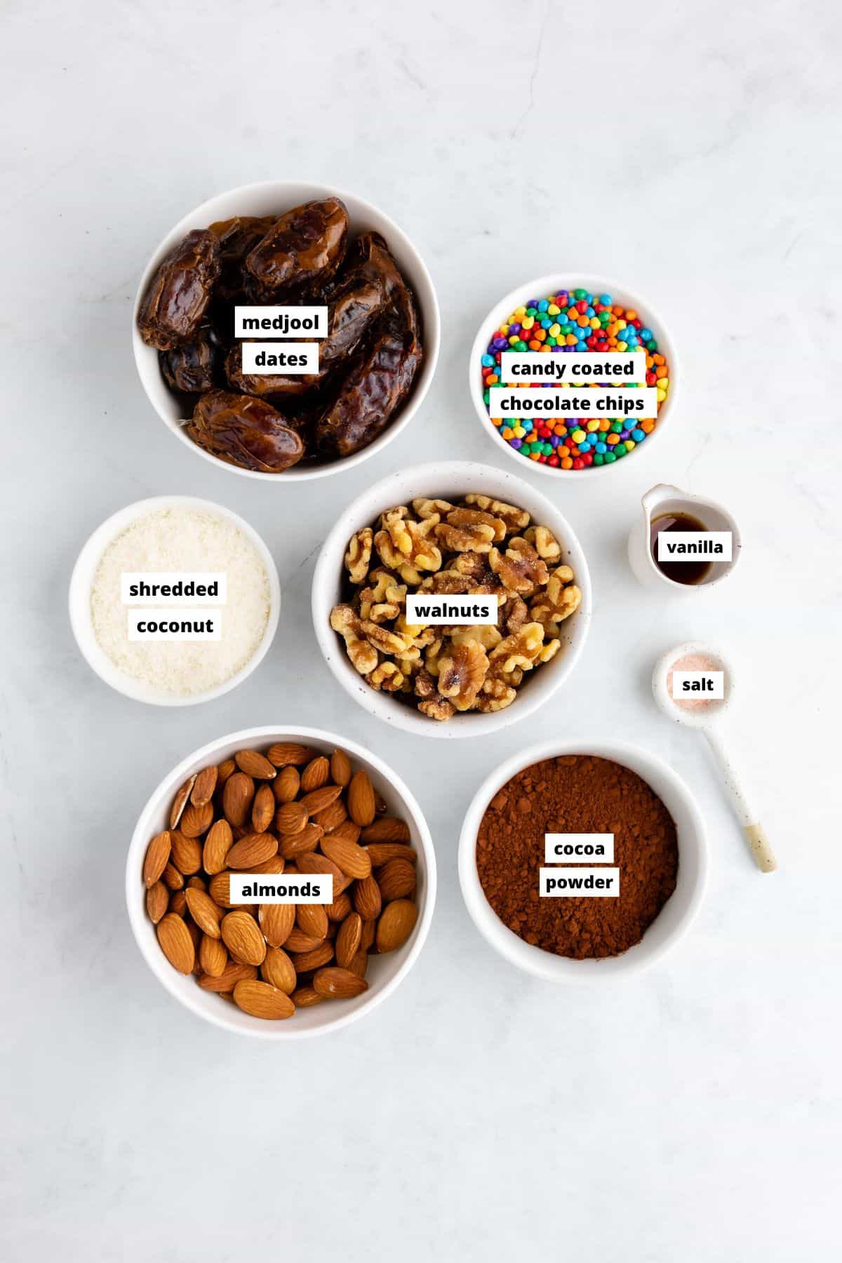 bowls of ingredients for healthy cosmic brownie bites