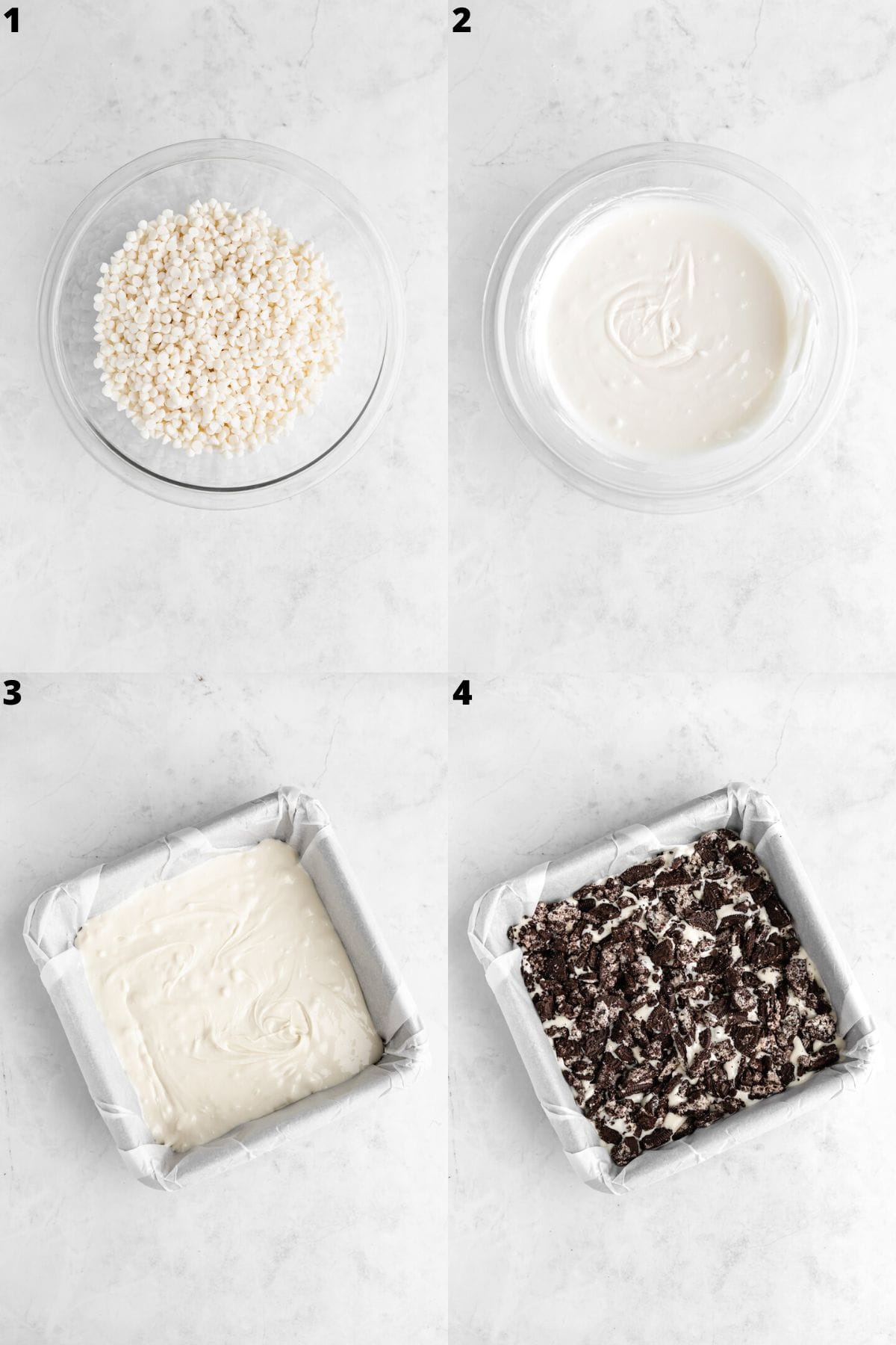 a four part photo collage showing how to make cookies and cream bark