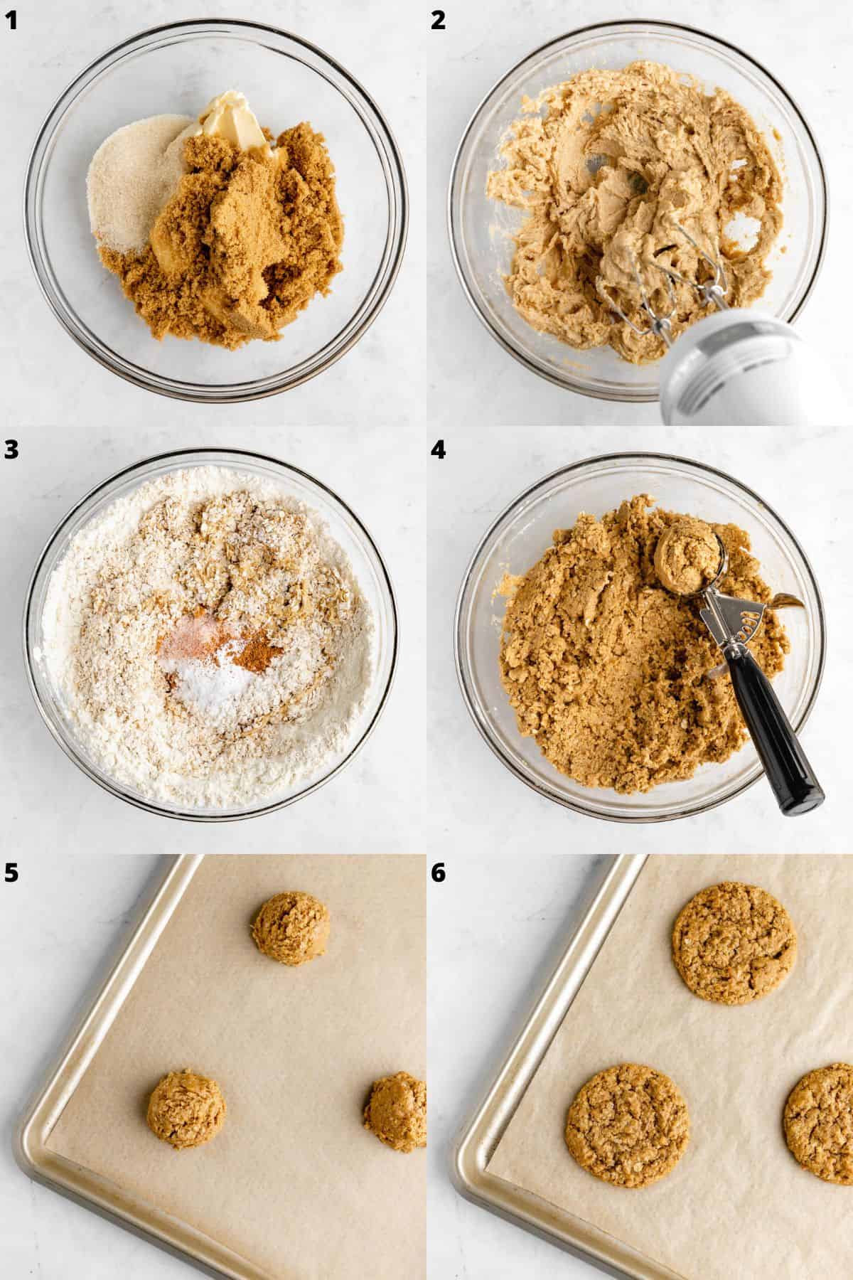 six photo collage showing how to make vegan iced oatmeal cookies