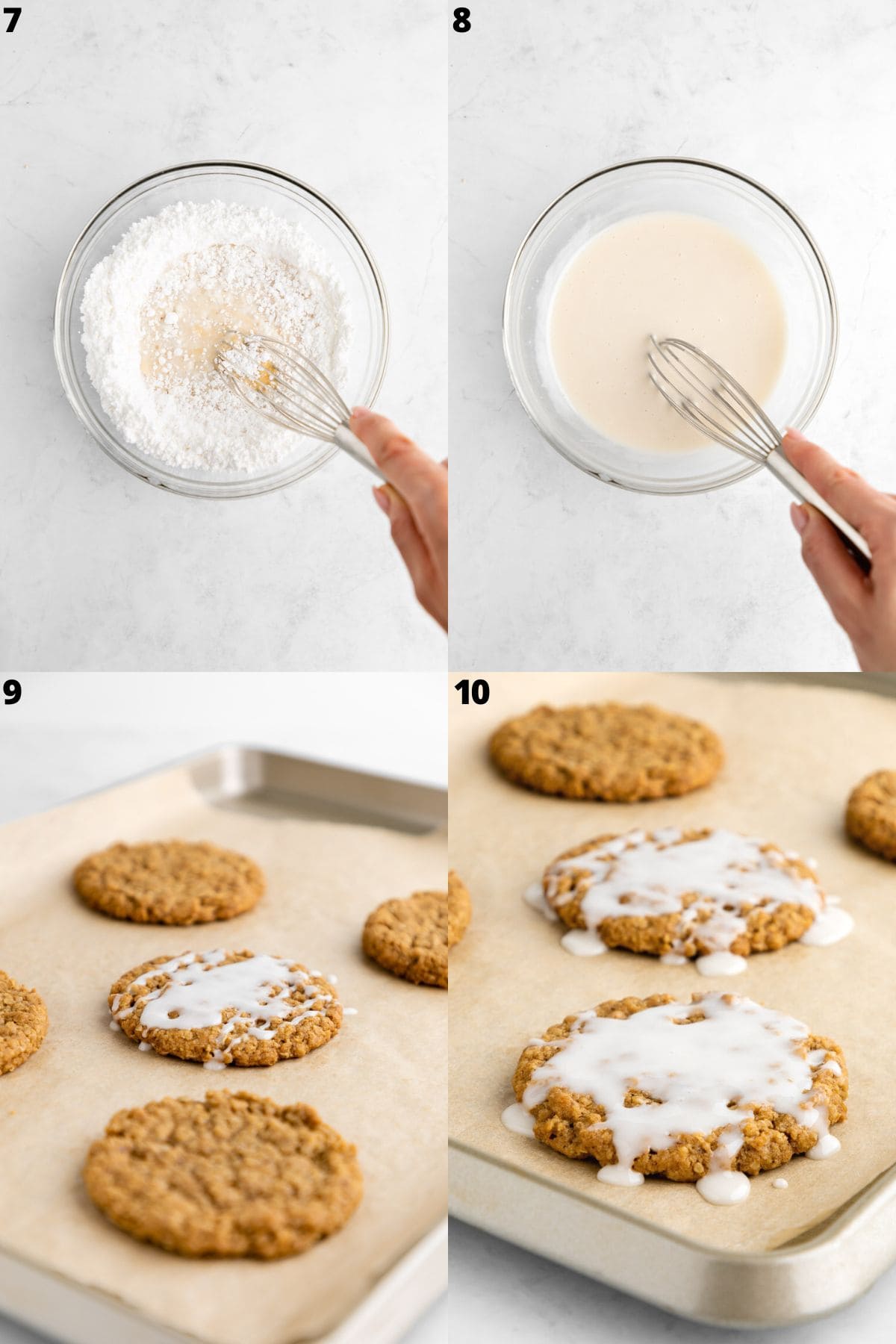 four photo collage showing how to make vegan vanilla icing for frosted oatmeal cookies