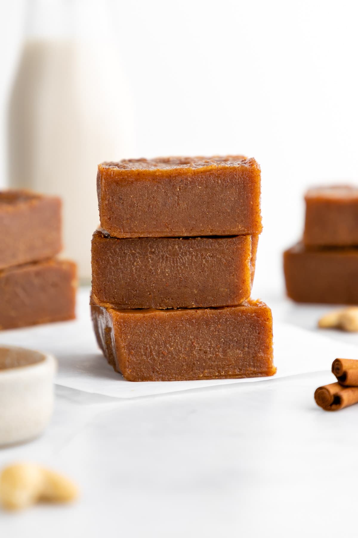 a stack of vegan pumpkin pie fudge squares