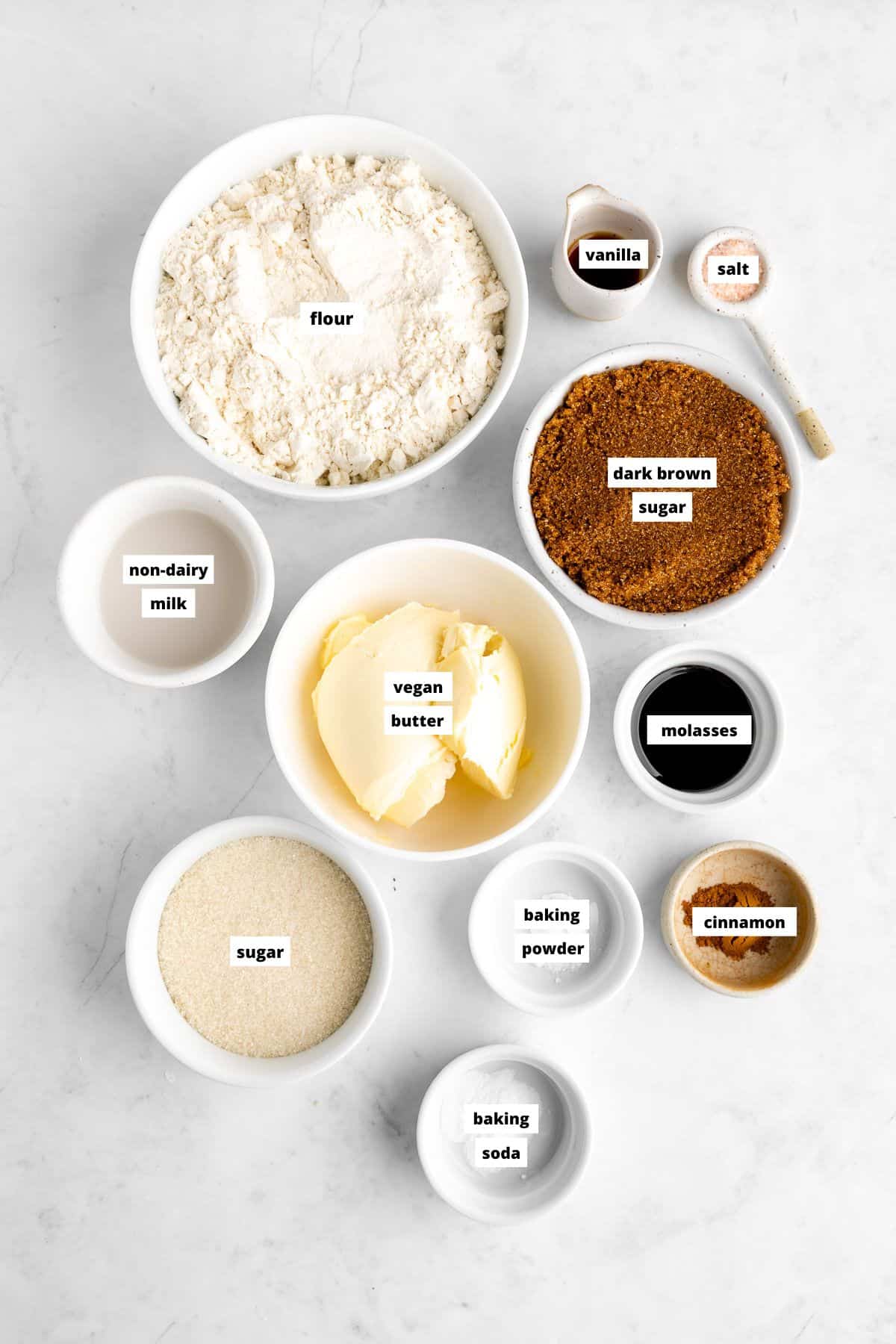 bowls of ingredients for vegan brown sugar cookies